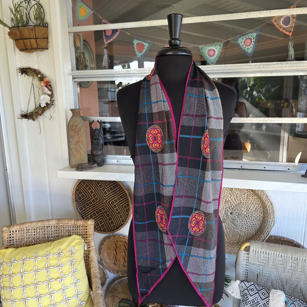 Vintage Silk Albert Nipon Plaid Scarf with Pink and Blue Accents Retro Boho